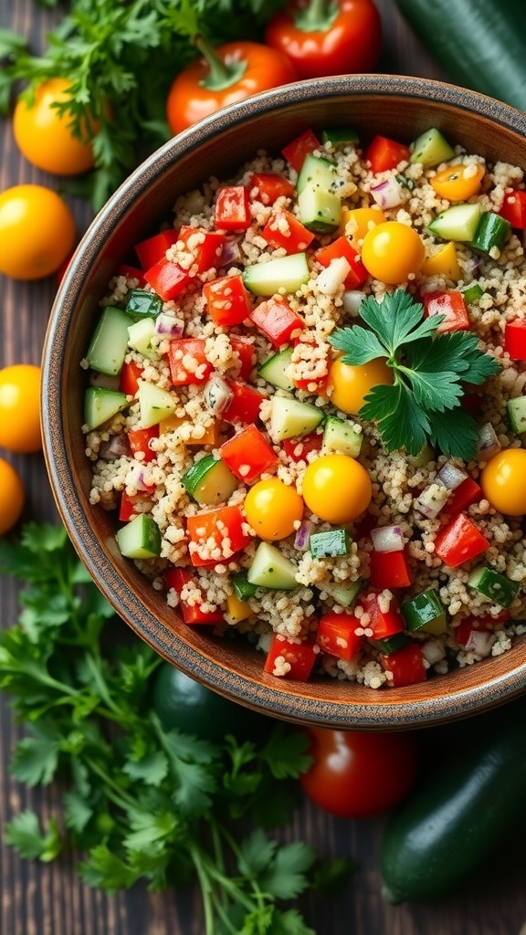 A colorful quinoa salad with bell peppers, cucumbers, and cherry tomatoes, garnished with parsley, on a wooden table.